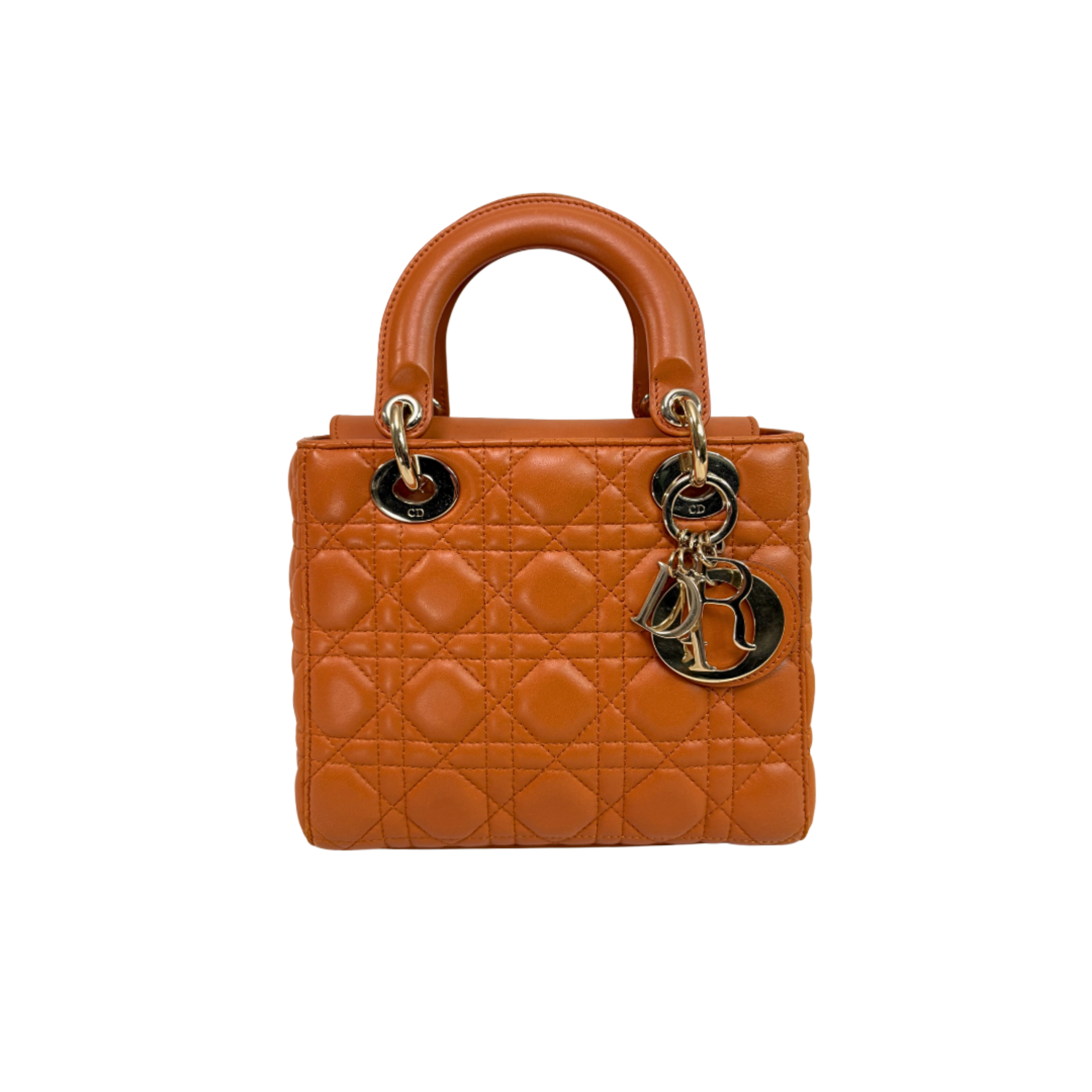 Lady Dior Small Orange Cannage Lambskin Leather ABC Strap Gold Hardware