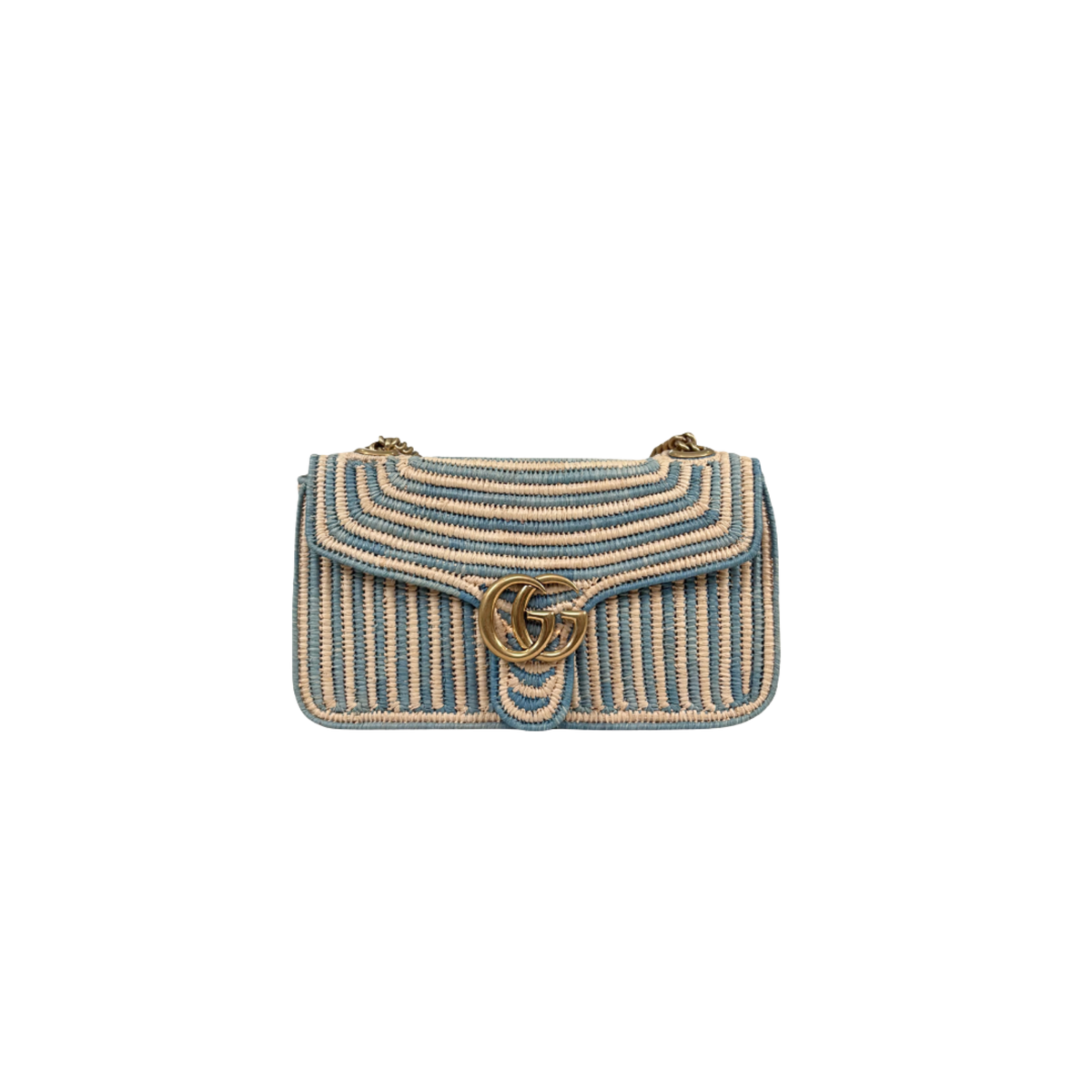 Raffia Woven Blue GG Marmont Shoulder Bag Gold Hardware