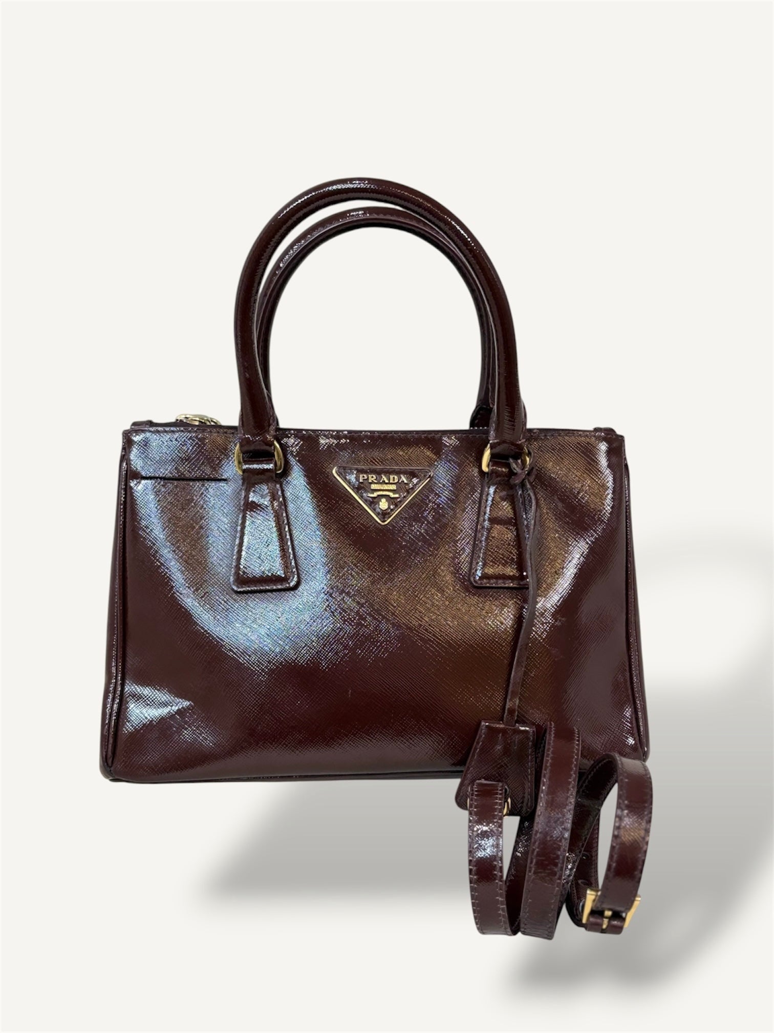 Galleria Saffiano Burgundy Patent Leather Gold Hardware