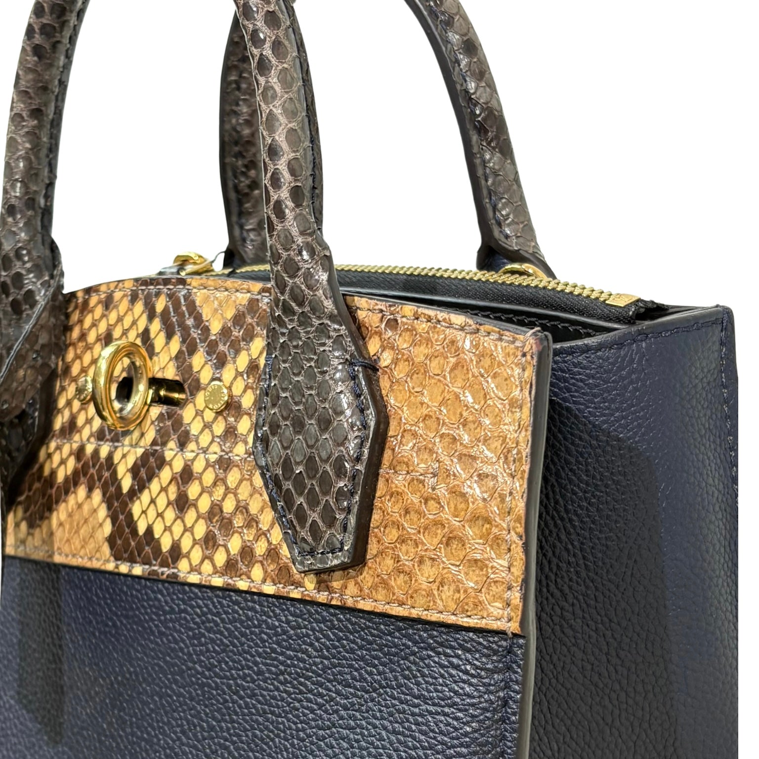 City Steamer Mini Navy Taurillon Leather Python Skin Trim