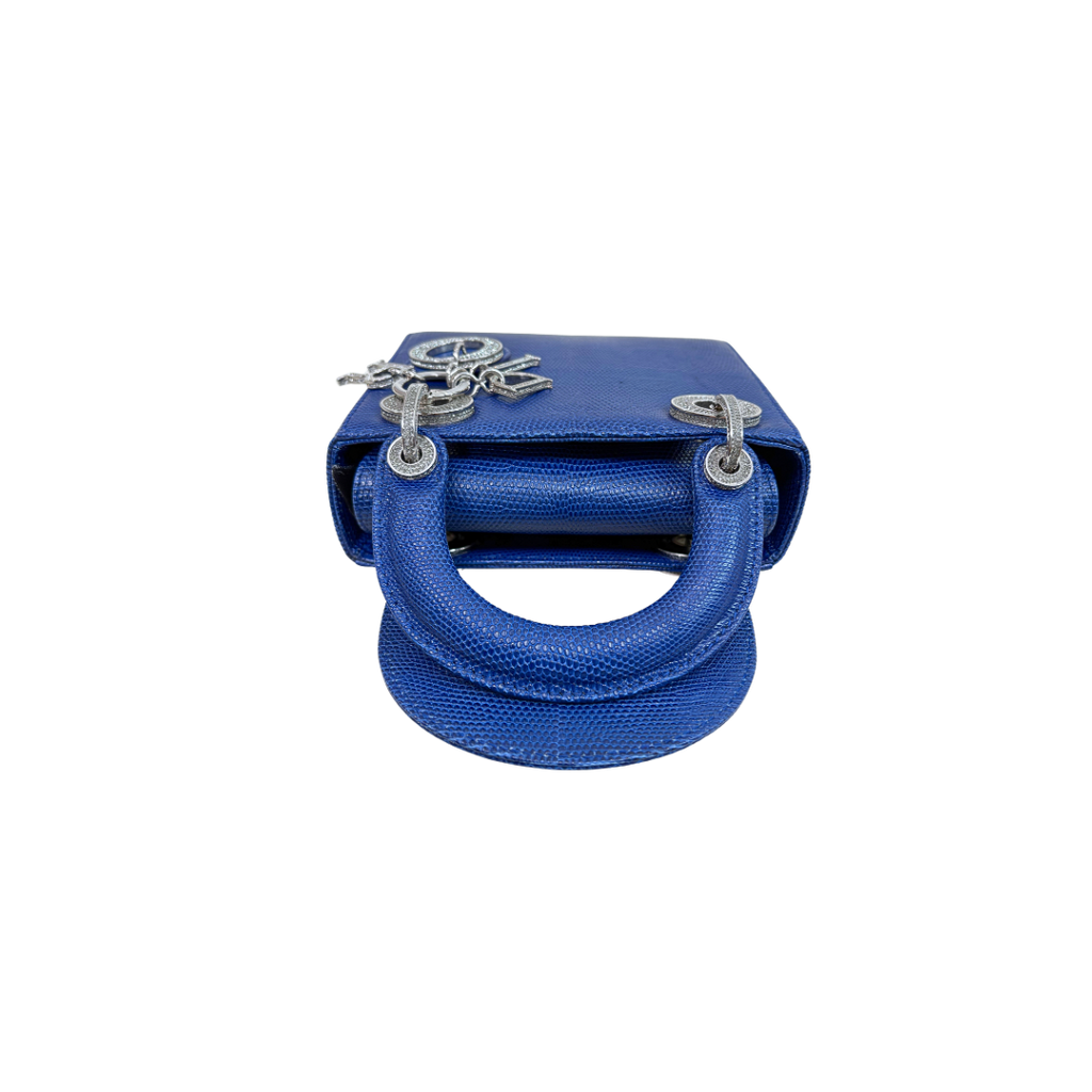 Mini Lady Dior Bag Blue Lizard W/ Crystals Charms Silver Hardware