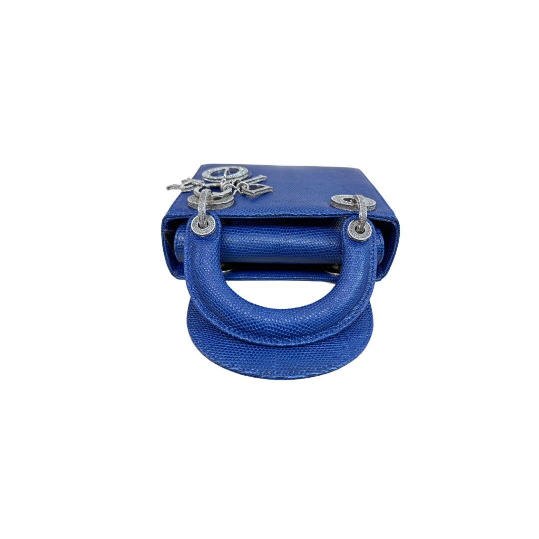 Mini Lady Dior Bag Blue Lizard W/ Crystals Charms Silver Hardware