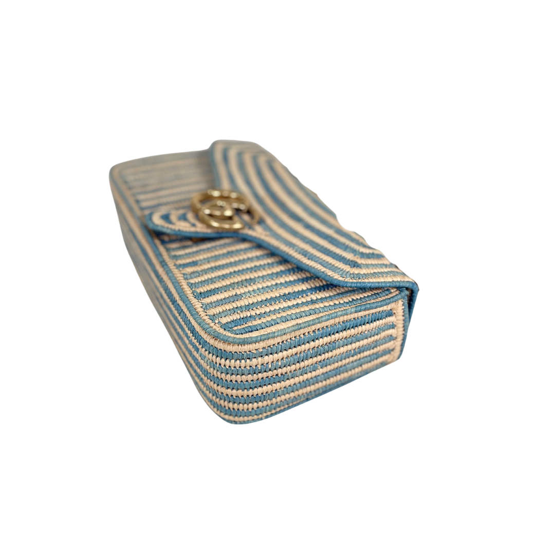 Raffia Woven Blue GG Marmont Shoulder Bag Gold Hardware