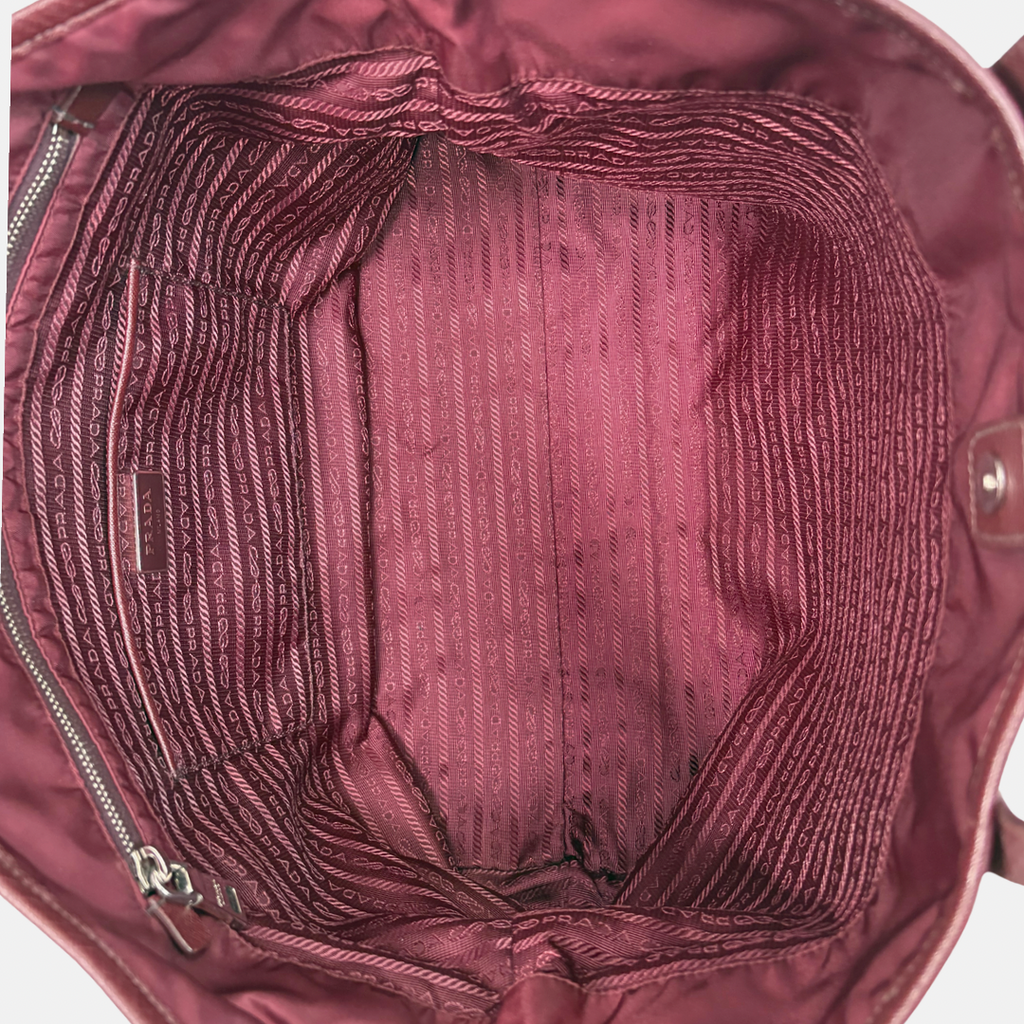 Tessuto Nylon Saffiano Tote Bag Burgundy Silver Hardware