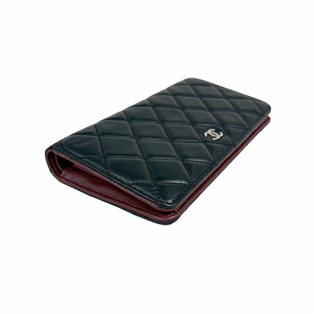 Long Wallet Black Lambskin Leather Silver Hardware