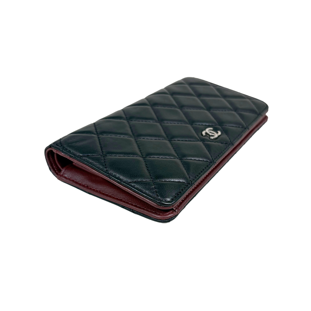 Long Wallet Black Lambskin Leather Silver Hardware