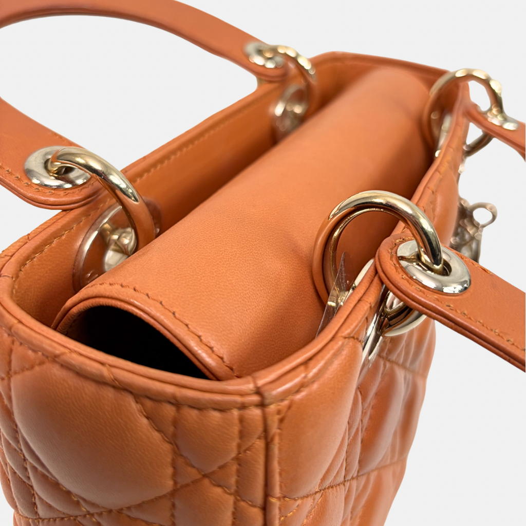 Lady Dior Small Orange Cannage Lambskin Leather ABC Strap Gold Hardware