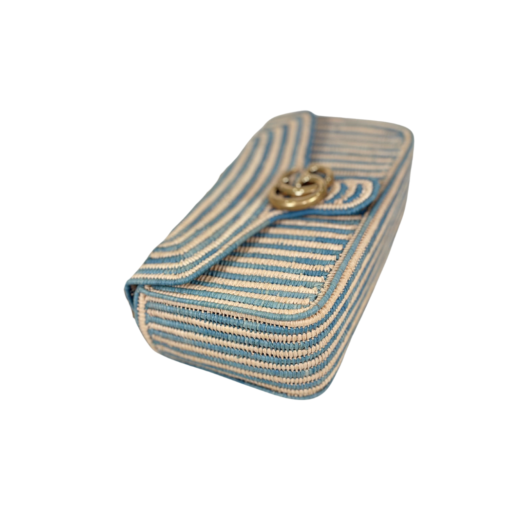Raffia Woven Blue GG Marmont Shoulder Bag Gold Hardware