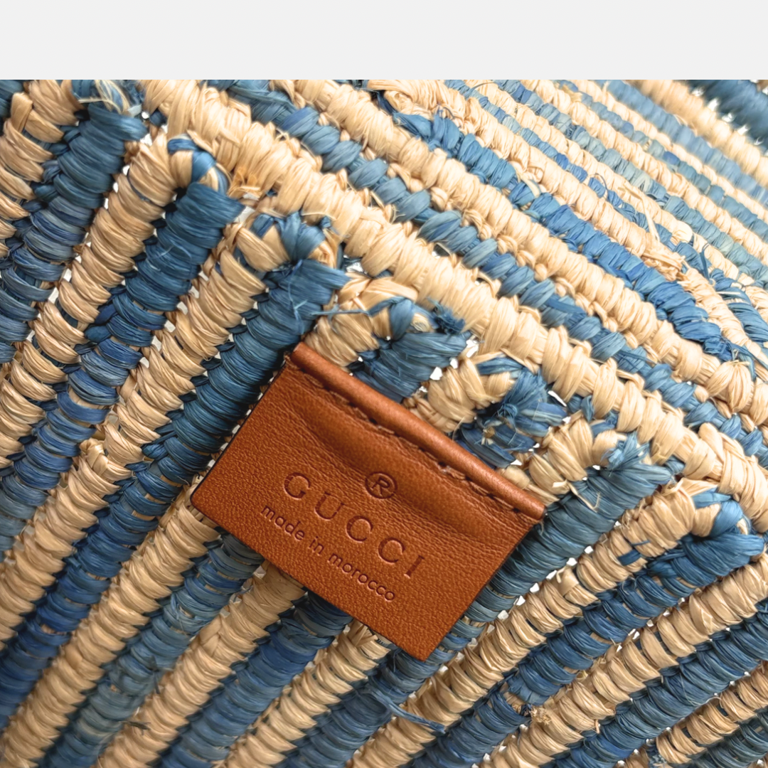 Raffia Woven Blue GG Marmont Shoulder Bag Gold Hardware