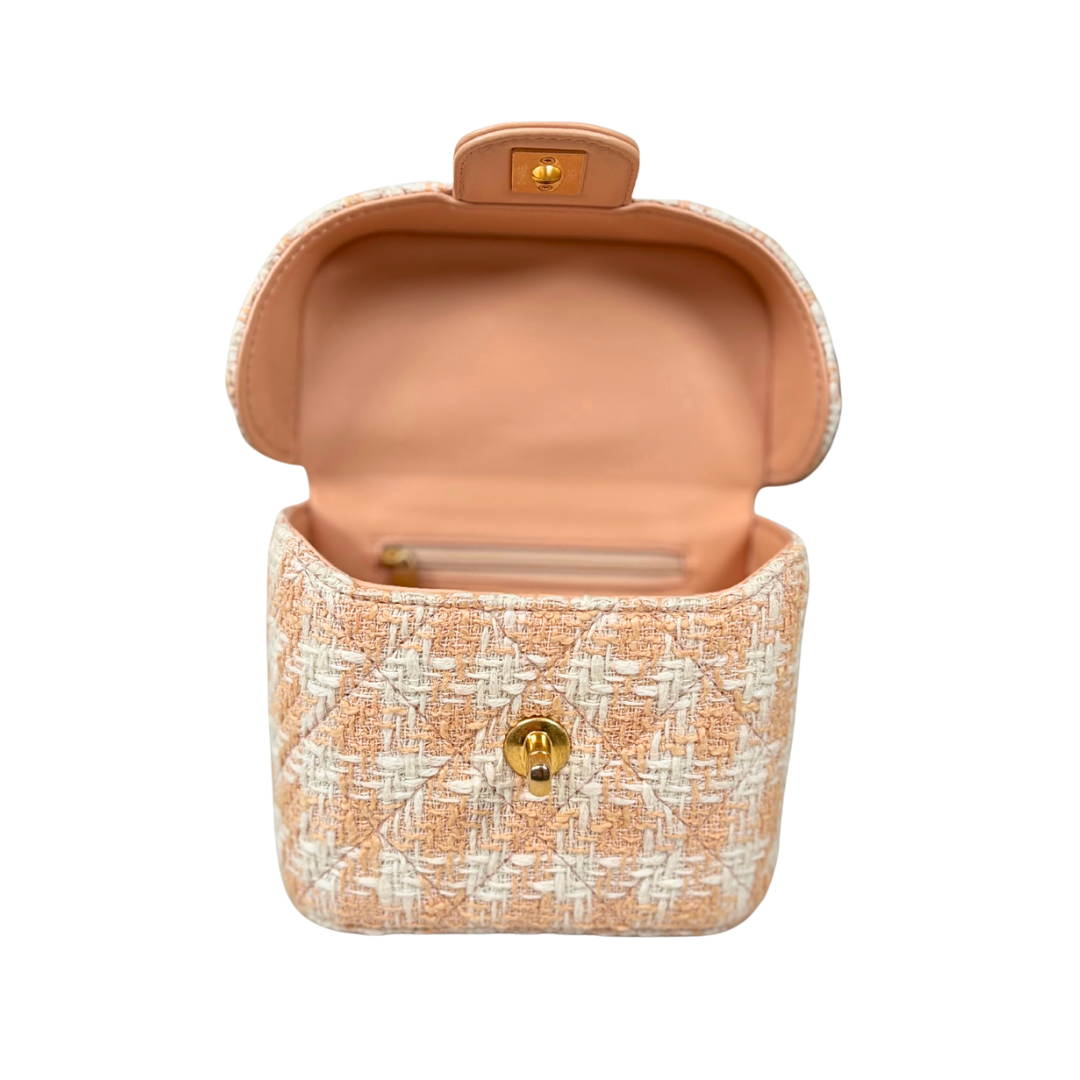 Tweed Mini Square Flap Bag Light Orange Ecru Gold Hardware