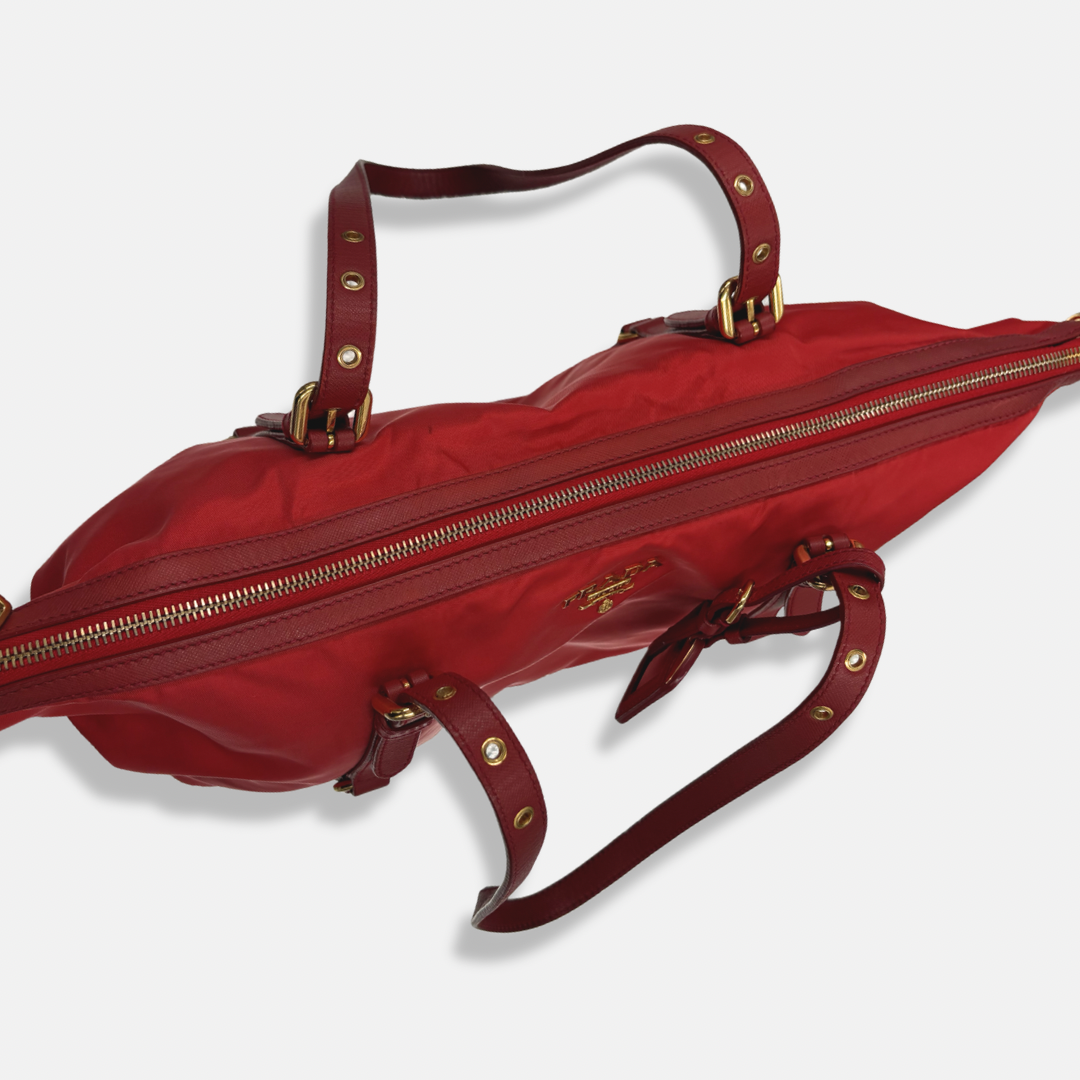 Tessuto Tote Red Saffiano Leather Gold Hardware