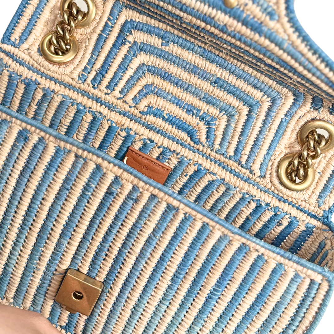 Raffia Woven Blue GG Marmont Shoulder Bag Gold Hardware