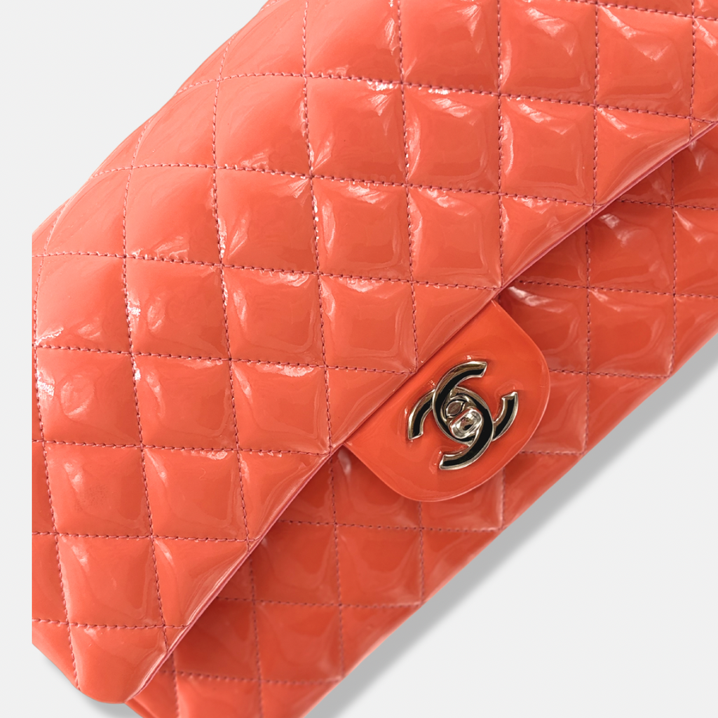 Classic Double Flap Medium Coral Orange Patent Leather