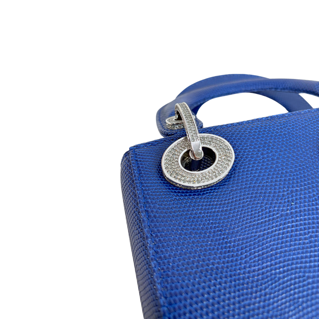 Mini Lady Dior Bag Blue Lizard W/ Crystals Charms Silver Hardware