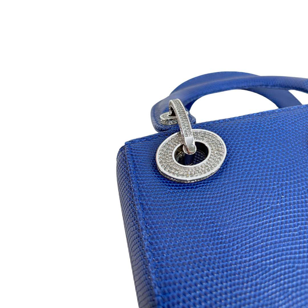 Mini Lady Dior Bag Blue Lizard W/ Crystals Charms Silver Hardware