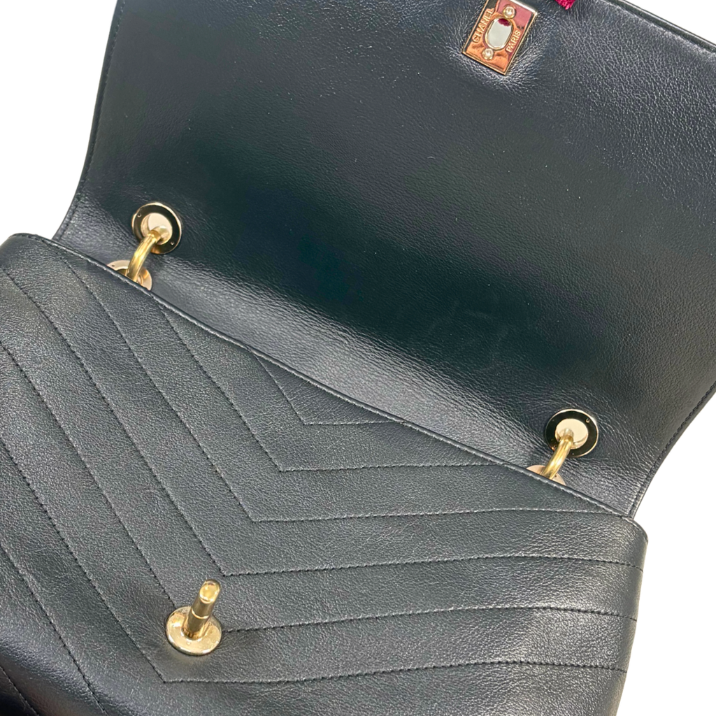 Chevron Chic Flap Bag Medium Black Calfskin Leather Gold Hardware