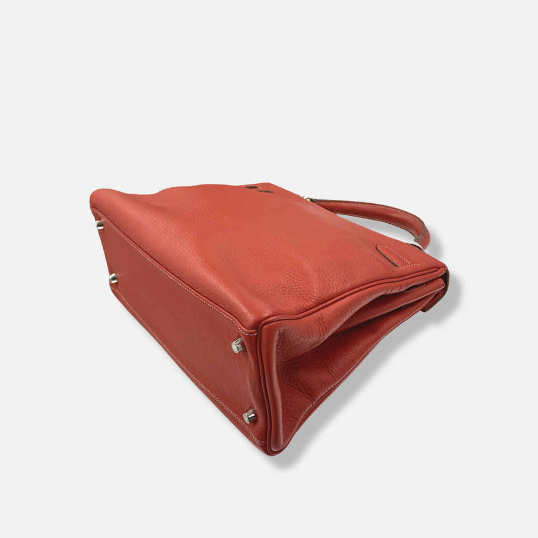 Kelly 32 Handbag Taurillion Clemence Orange Palladium Hardware