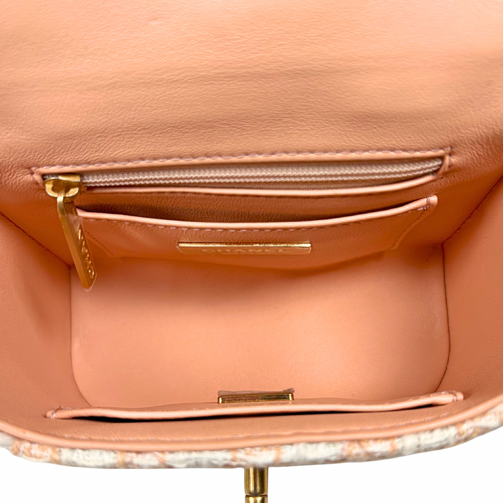 Tweed Mini Square Flap Bag Light Orange Ecru Gold Hardware