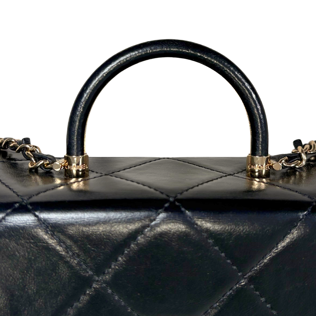 Vanity Top Handle Black Shiny Lambskin Leather Gold Hardware