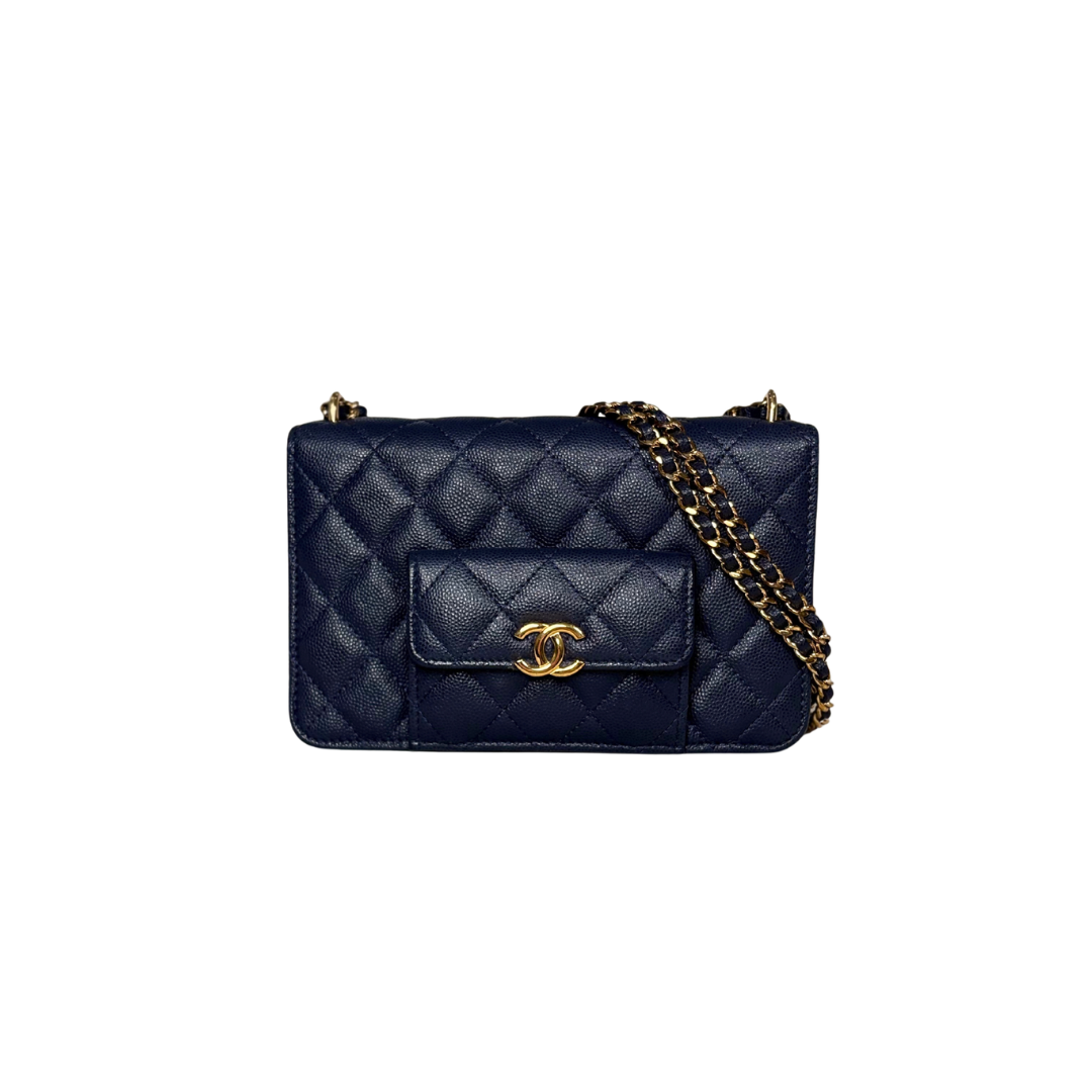 Pocket Twins Wallet On Chain Mini Navy Blue Caviar Gold Hardware Microchipped