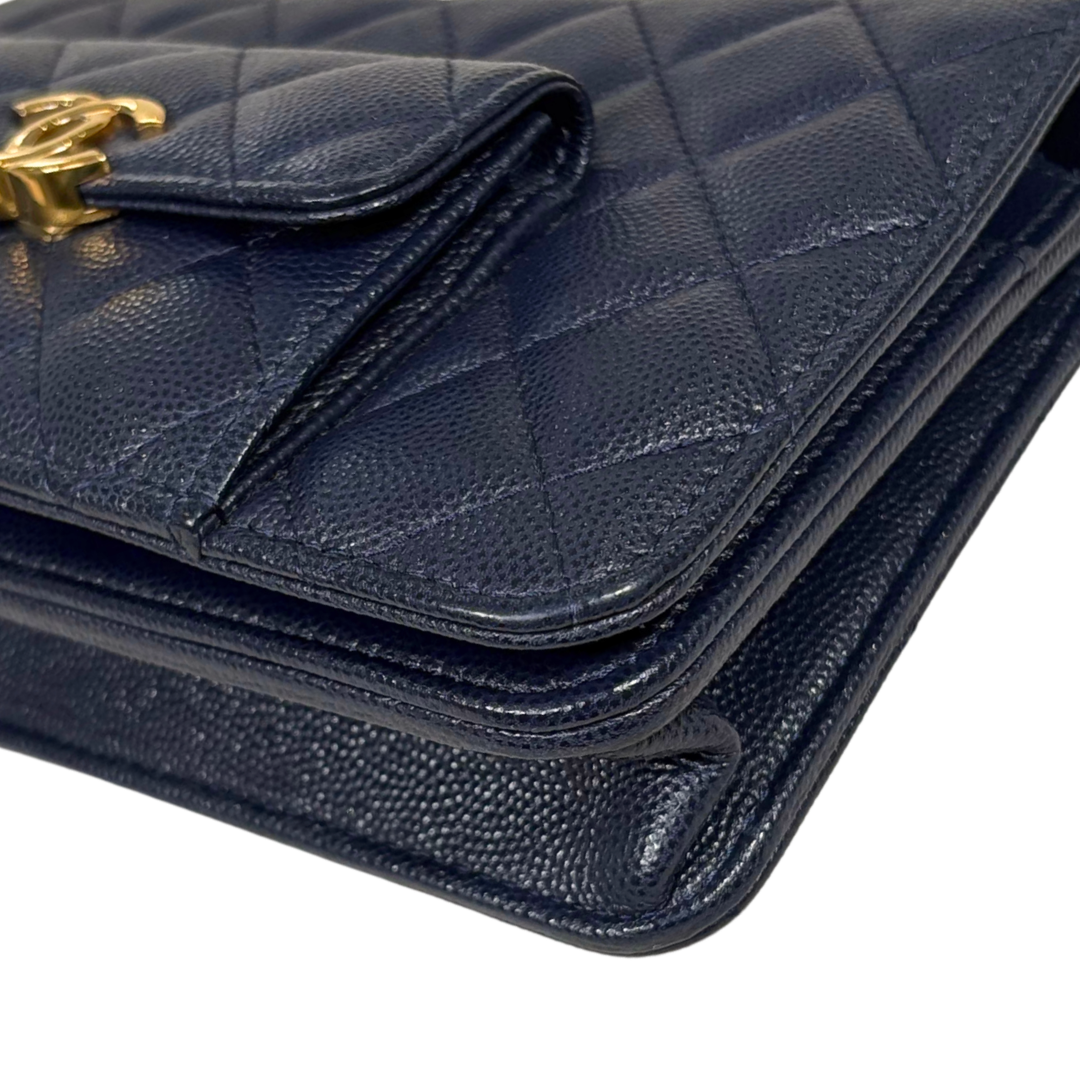 Pocket Twins Wallet On Chain Mini Navy Blue Caviar Gold Hardware Microchipped