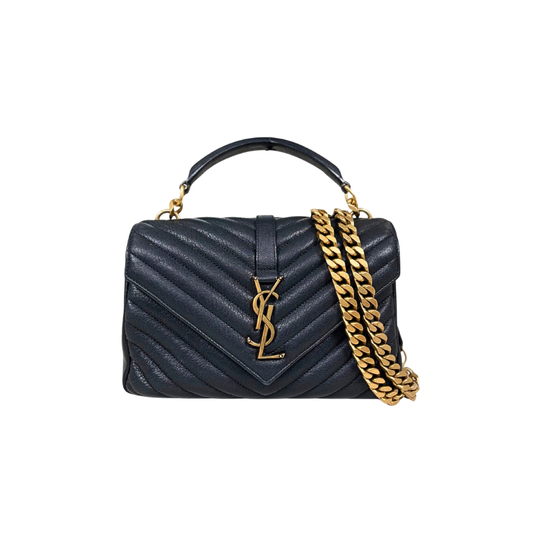 College Bag Black Calfskin Leather Gold Hardware