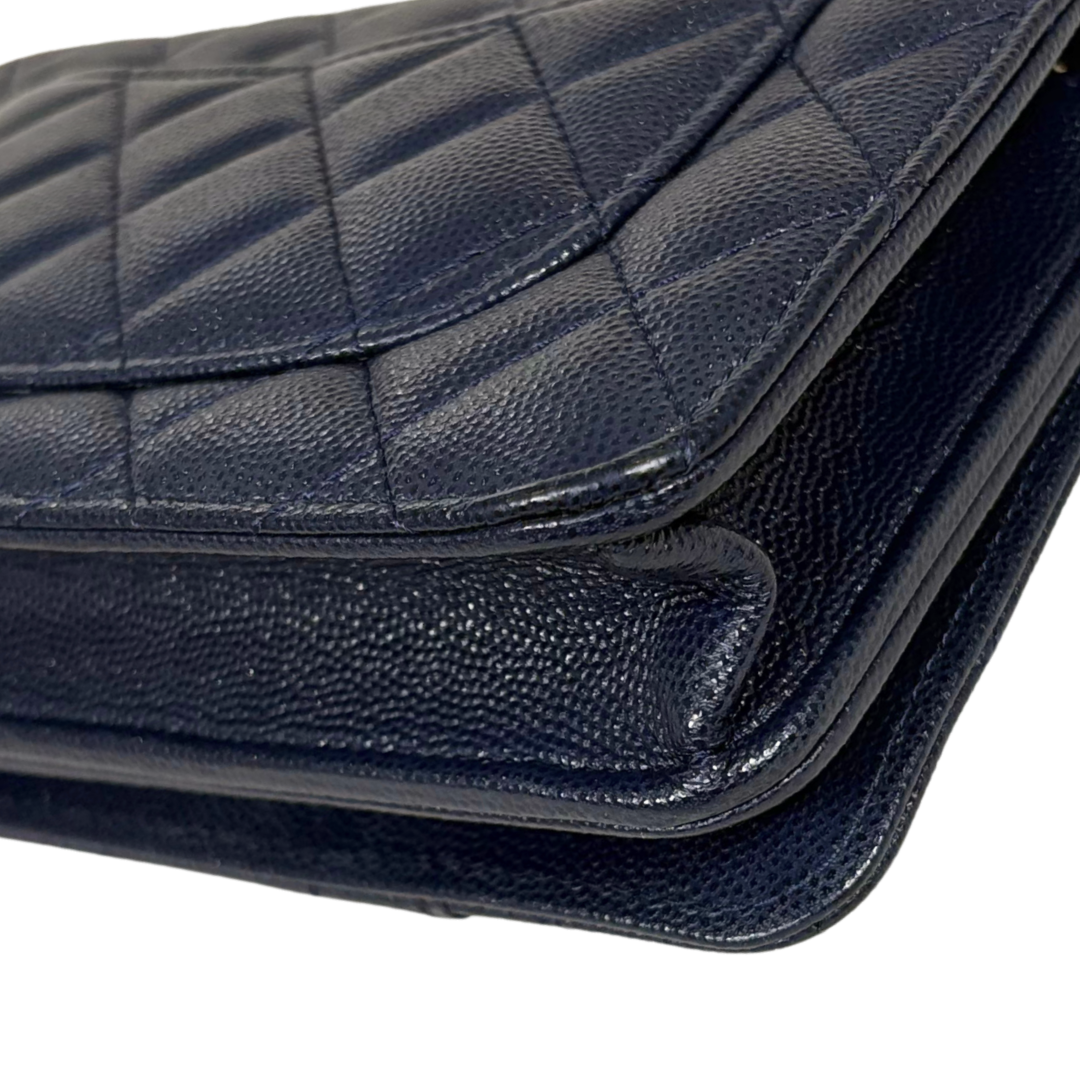 Pocket Twins Wallet On Chain Mini Navy Blue Caviar Gold Hardware Microchipped