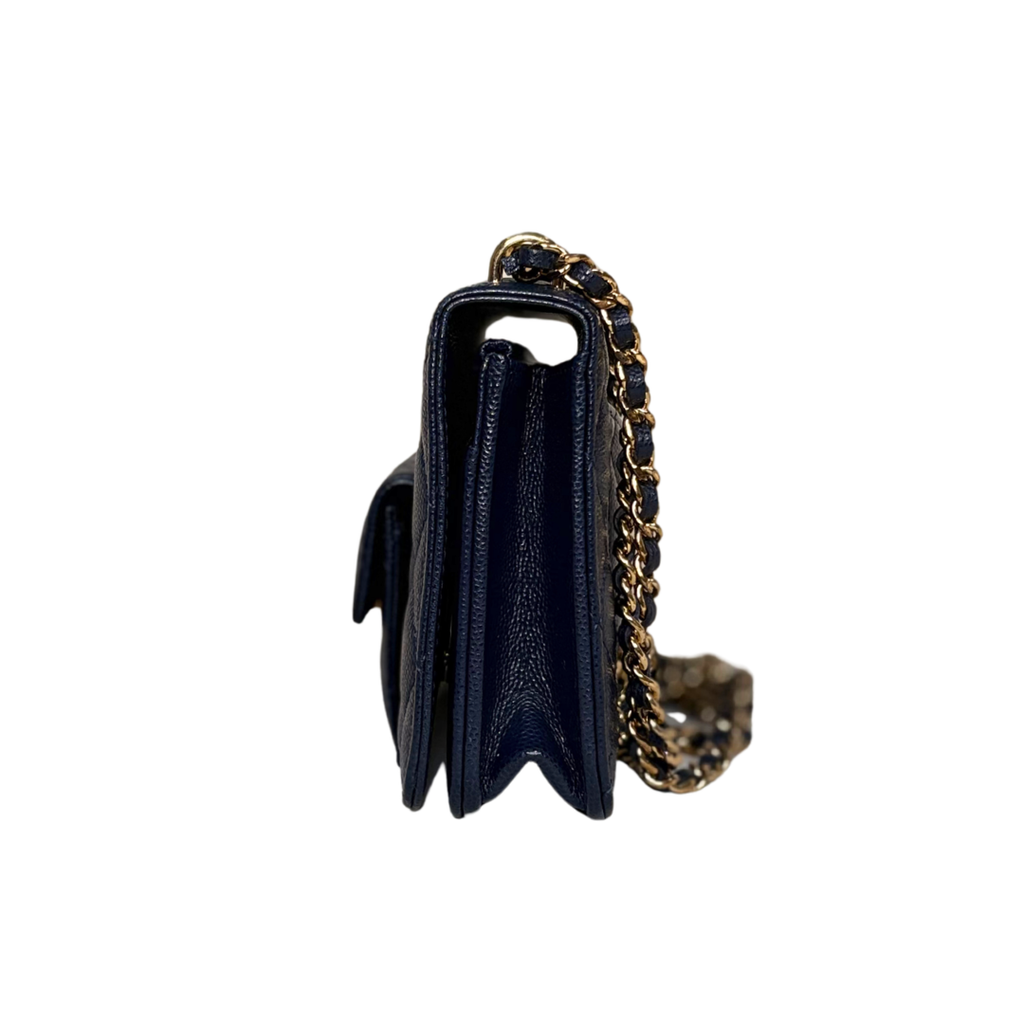 Pocket Twins Wallet On Chain Mini Navy Blue Caviar Gold Hardware Microchipped