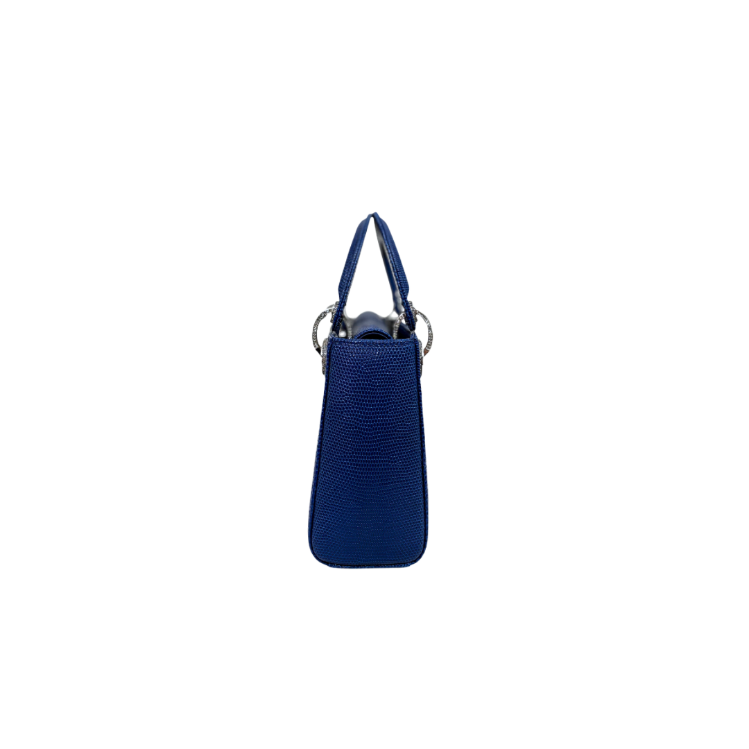 Mini Lady Dior Bag Blue Lizard W/ Crystals Charms Silver Hardware