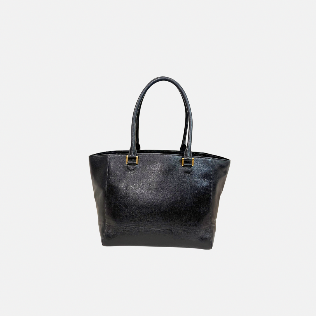 Two Way Tote Bag Black Leather Gold Hardware