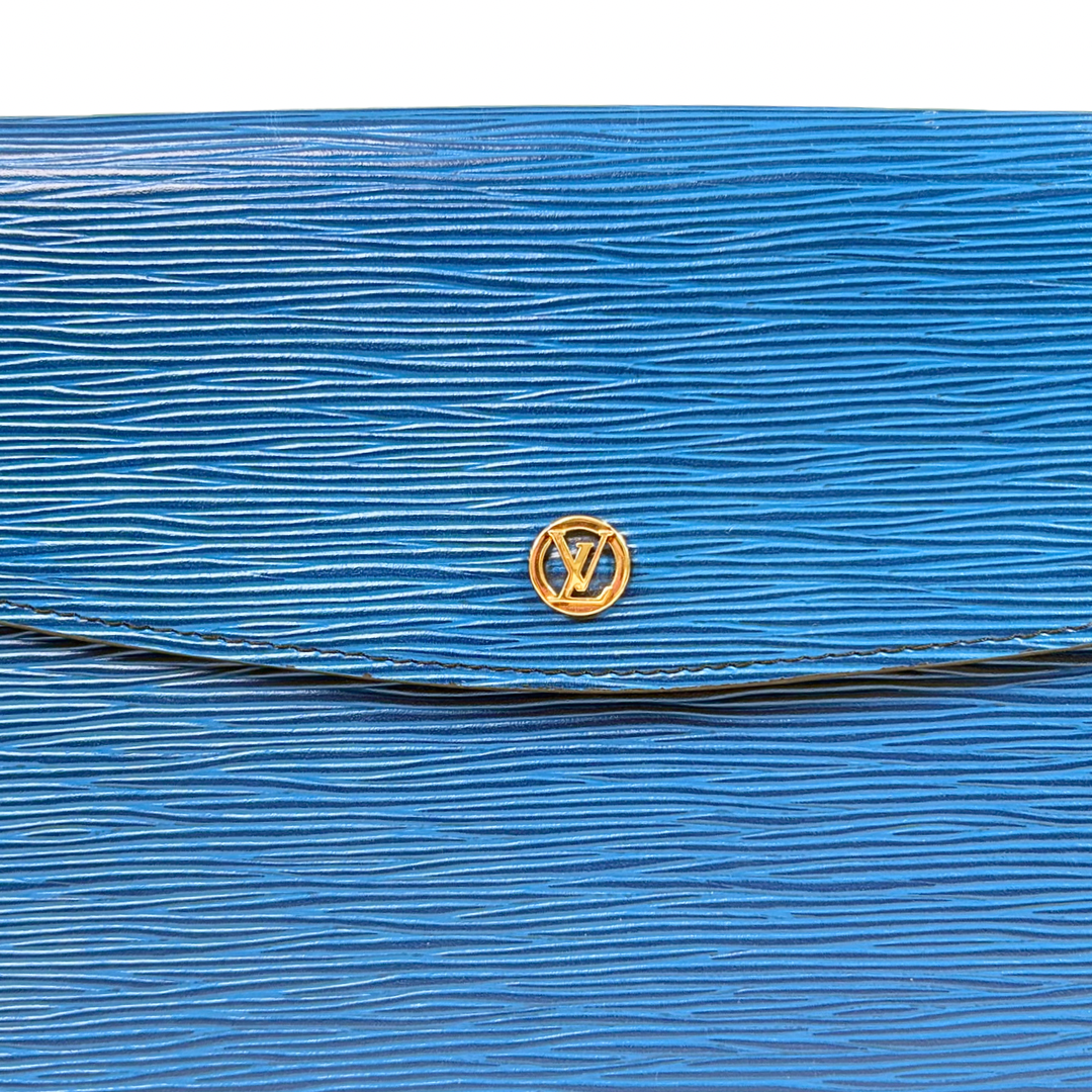 Montaigne 23 Clutch Bag Epi Leather Toledo Blue Gold Hardware
