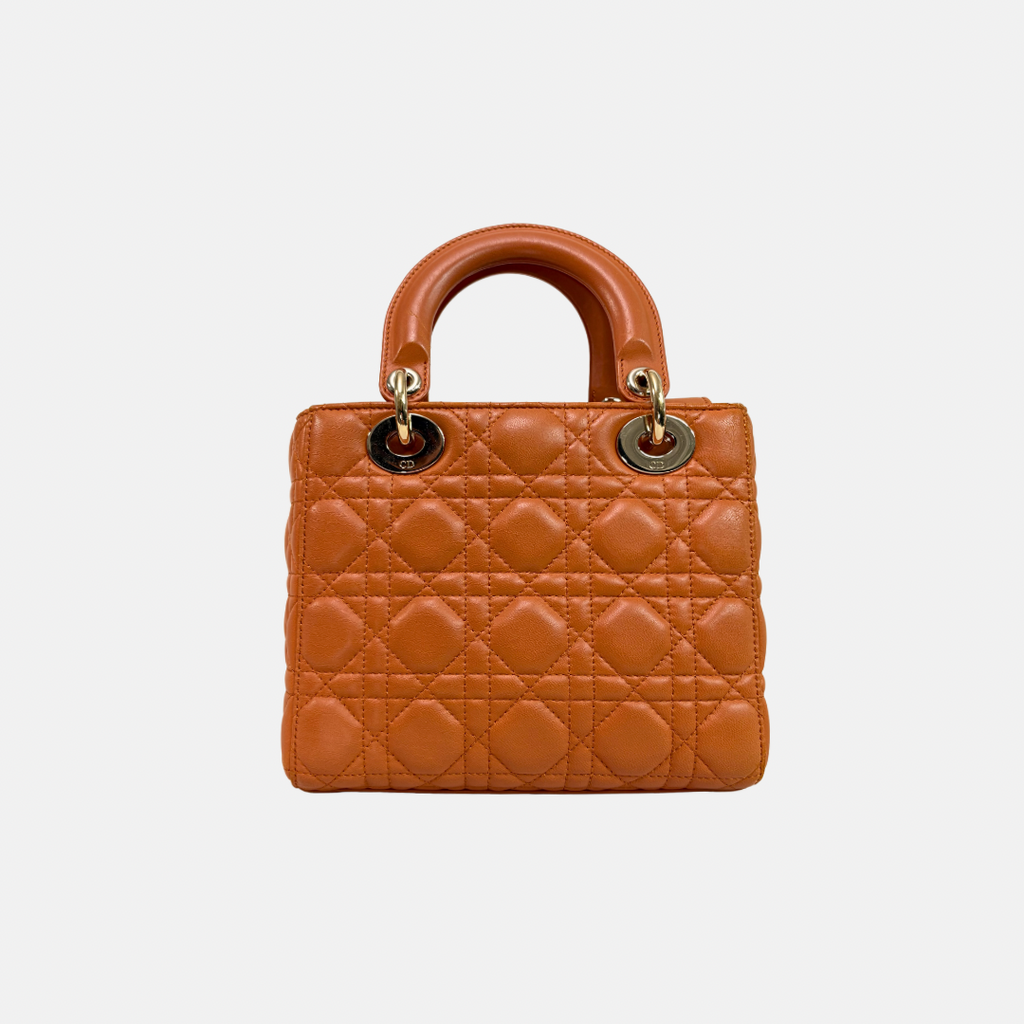 Lady Dior Small Orange Cannage Lambskin Leather ABC Strap Gold Hardware