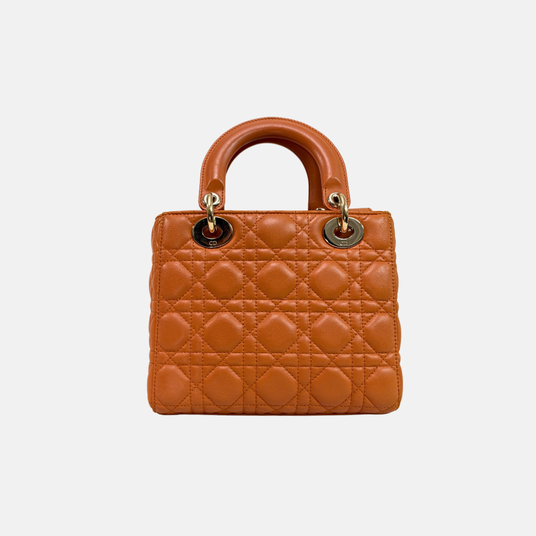 Lady Dior Small Orange Cannage Lambskin Leather ABC Strap Gold Hardware