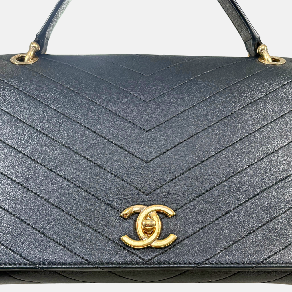 Chevron Chic Flap Bag Medium Black Calfskin Leather Gold Hardware