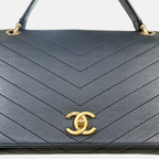 Chevron Chic Flap Bag Medium Black Calfskin Leather Gold Hardware