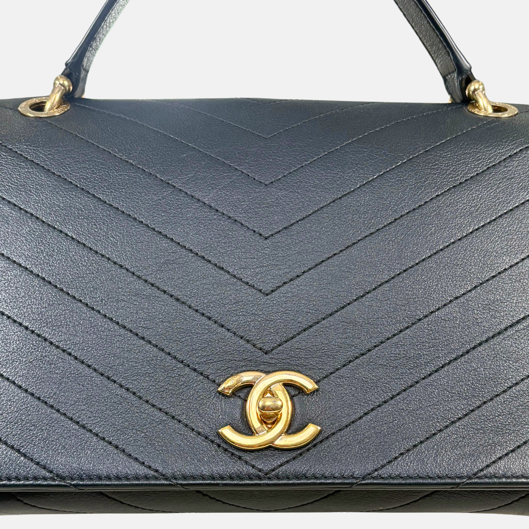Chevron Chic Flap Bag Medium Black Calfskin Leather Gold Hardware