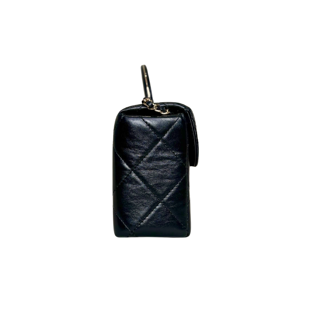 Vanity Top Handle Black Shiny Lambskin Leather Gold Hardware