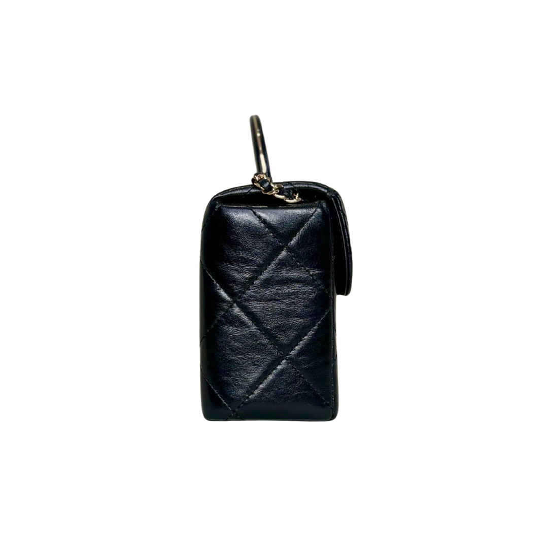 Vanity Top Handle Black Shiny Lambskin Leather Gold Hardware