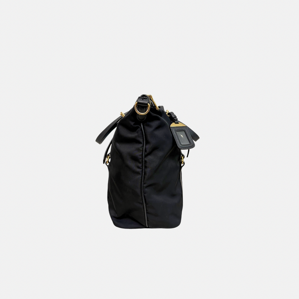 Tessuto Nylon Saffiano Black Leather Tote Bag Gold Hardware
