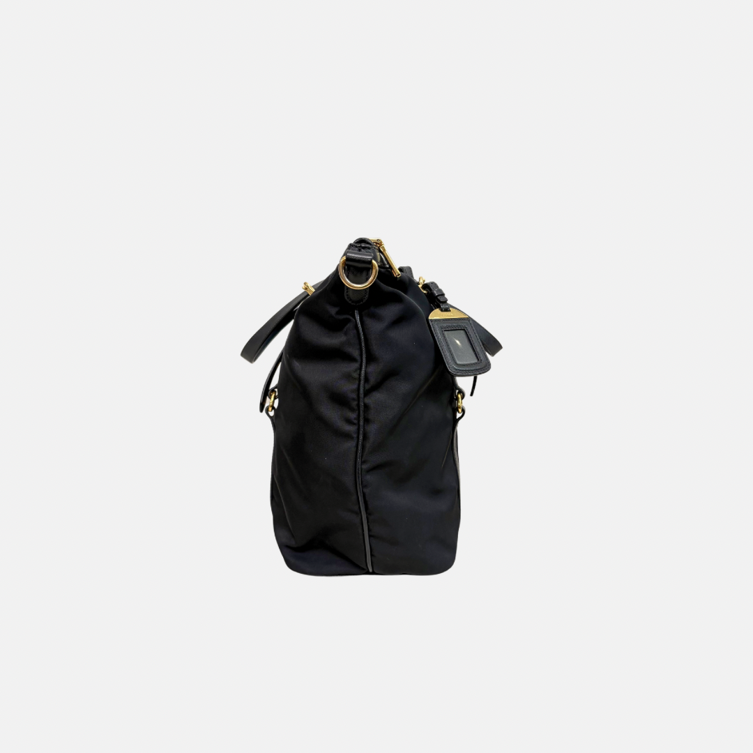 Tessuto Nylon Saffiano Black Leather Tote Bag Gold Hardware