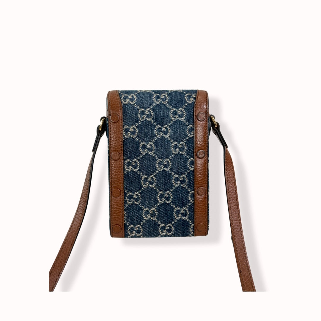 Horsebit GG Denim 1955 Mini Brown Leather Trim