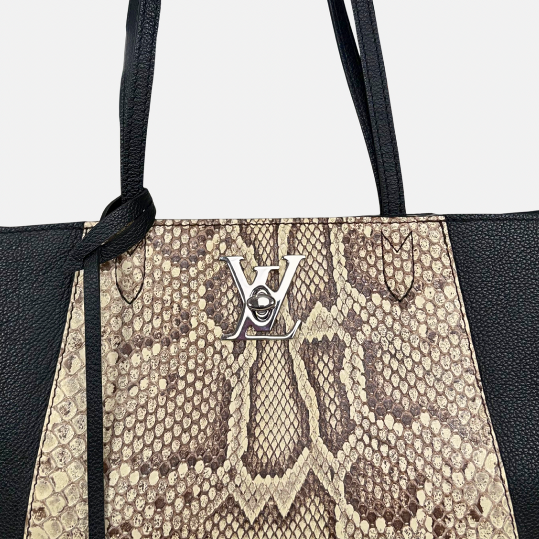 Lock Me Tote Bag Black Python Leather Silver Hardware