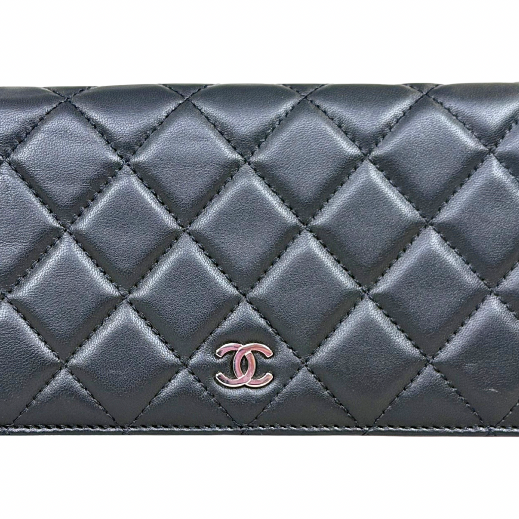Long Wallet Black Lambskin Leather Silver Hardware