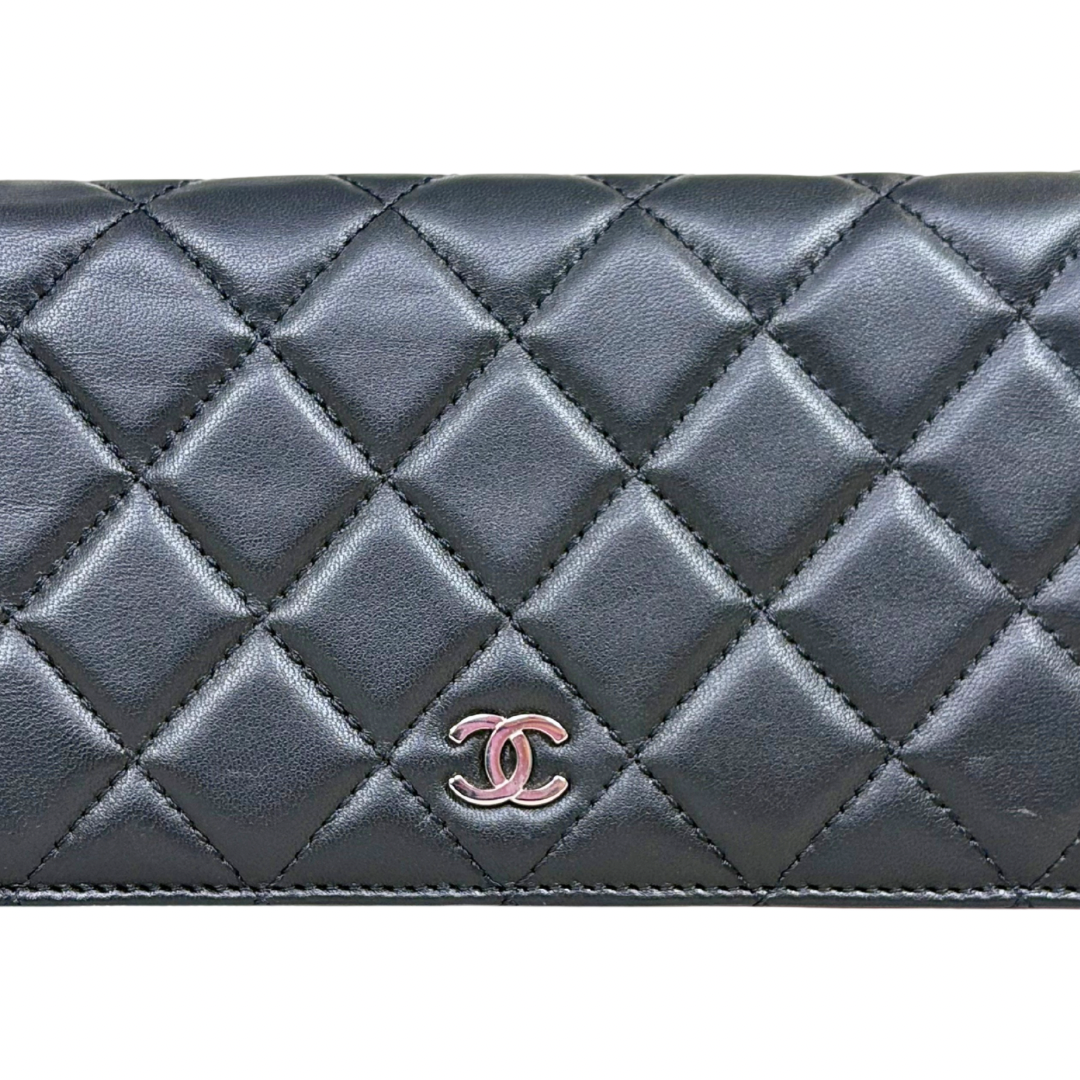 Long Wallet Black Lambskin Leather Silver Hardware