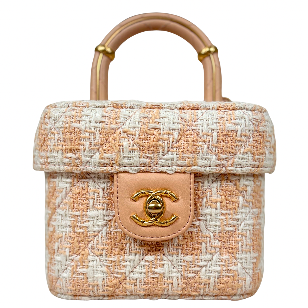 Tweed Mini Square Flap Bag Light Orange Ecru Gold Hardware