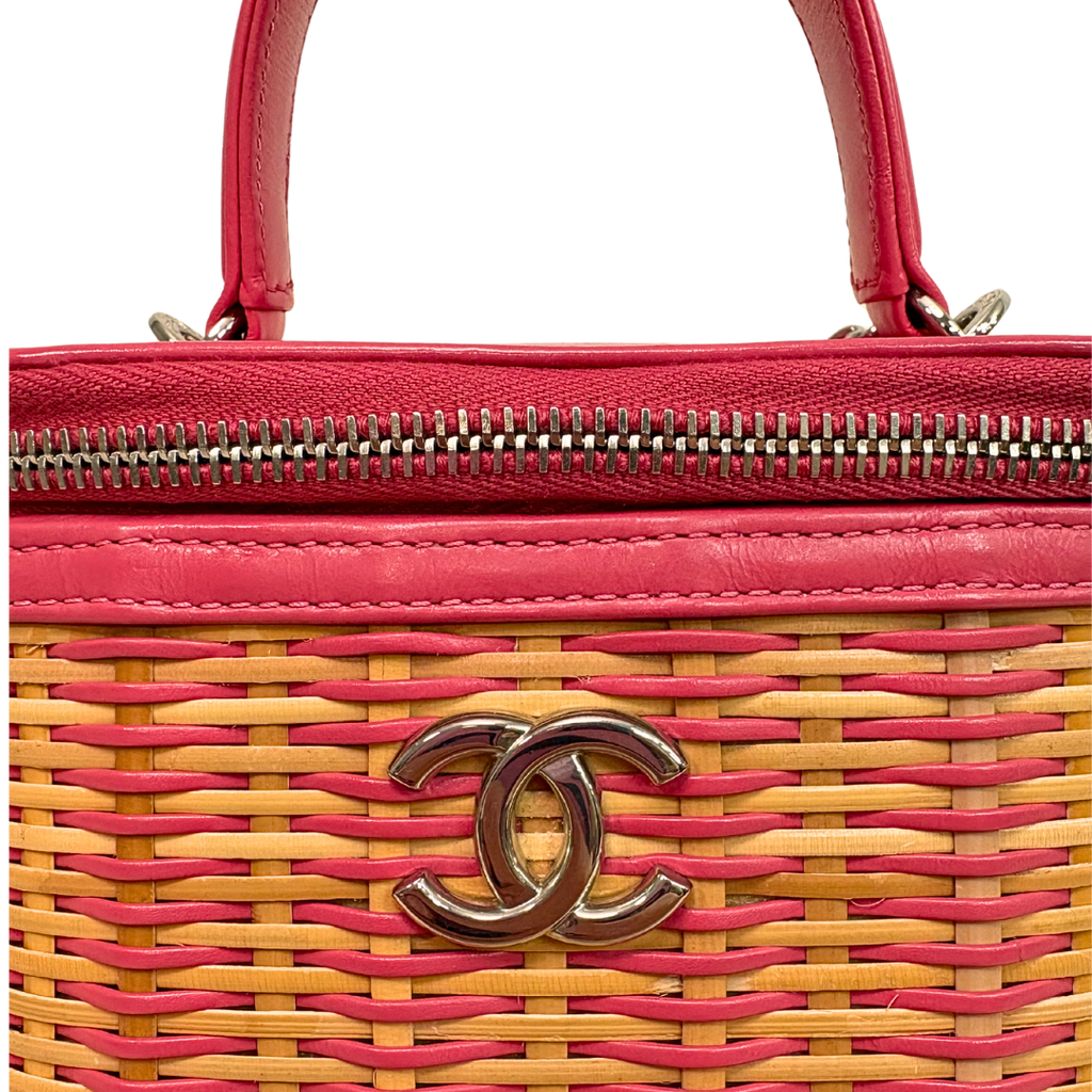 Take Away Vanity Case Top Handle Bag Salmon Pink Rattan Silver Hardware