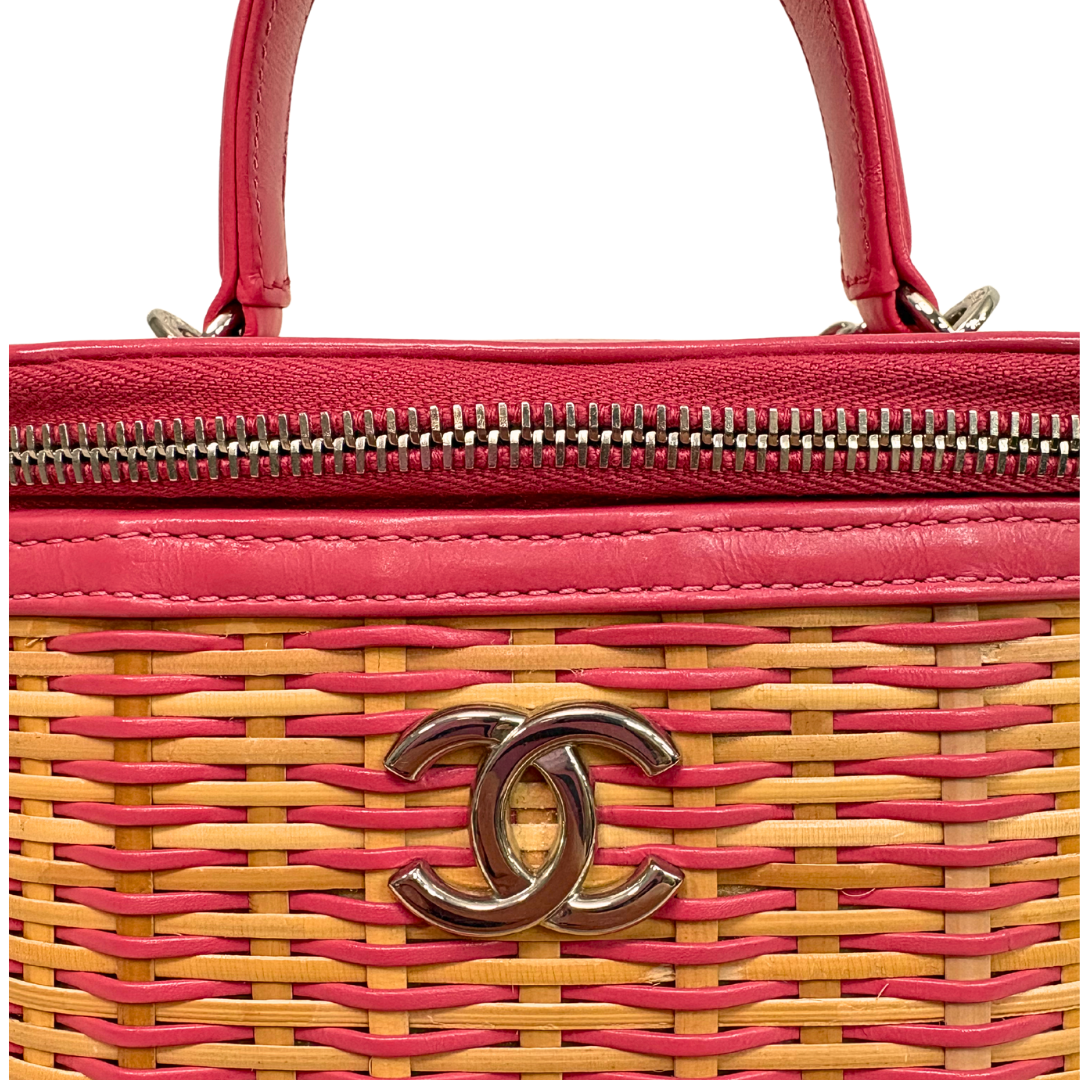 Take Away Vanity Case Top Handle Bag Salmon Pink Rattan Silver Hardware
