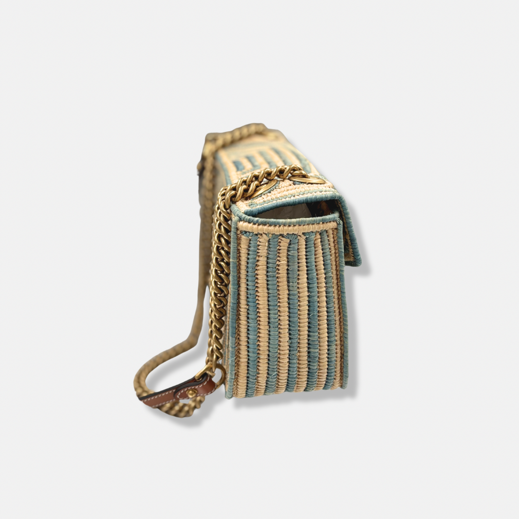 Raffia Woven Blue GG Marmont Shoulder Bag Gold Hardware