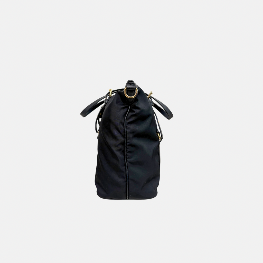 Tessuto Nylon Saffiano Black Leather Tote Bag Gold Hardware