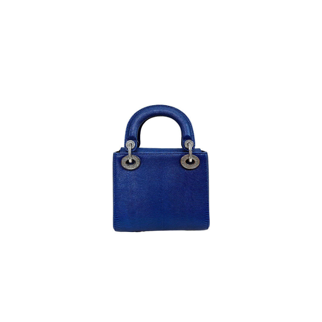 Mini Lady Dior Bag Blue Lizard W/ Crystals Charms Silver Hardware